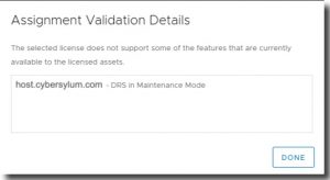 DRS in Maintenance Mode License Validation Warning