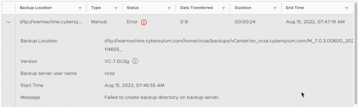 vcsa backup - failed to create directory