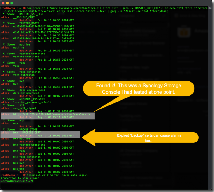 vecs-cli list all output