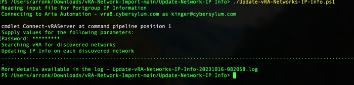Update-vRA-Neworks-IP-Info script run