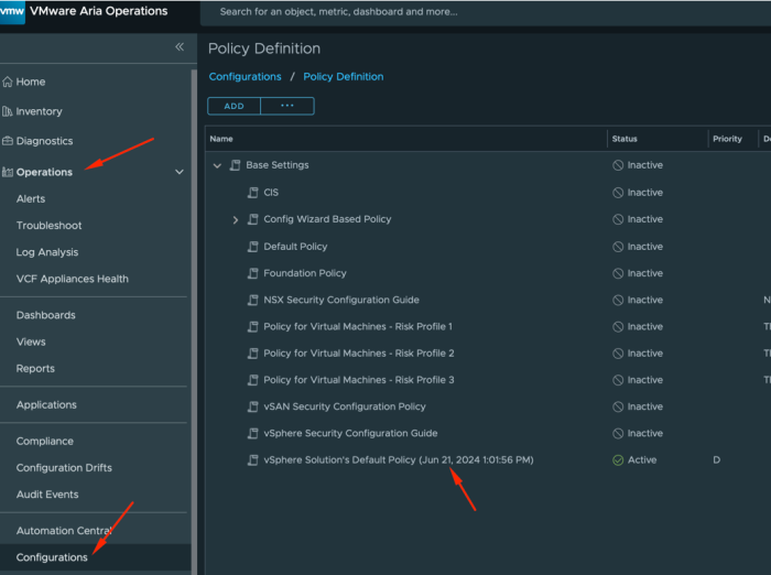 Locate the Active Operations Policy